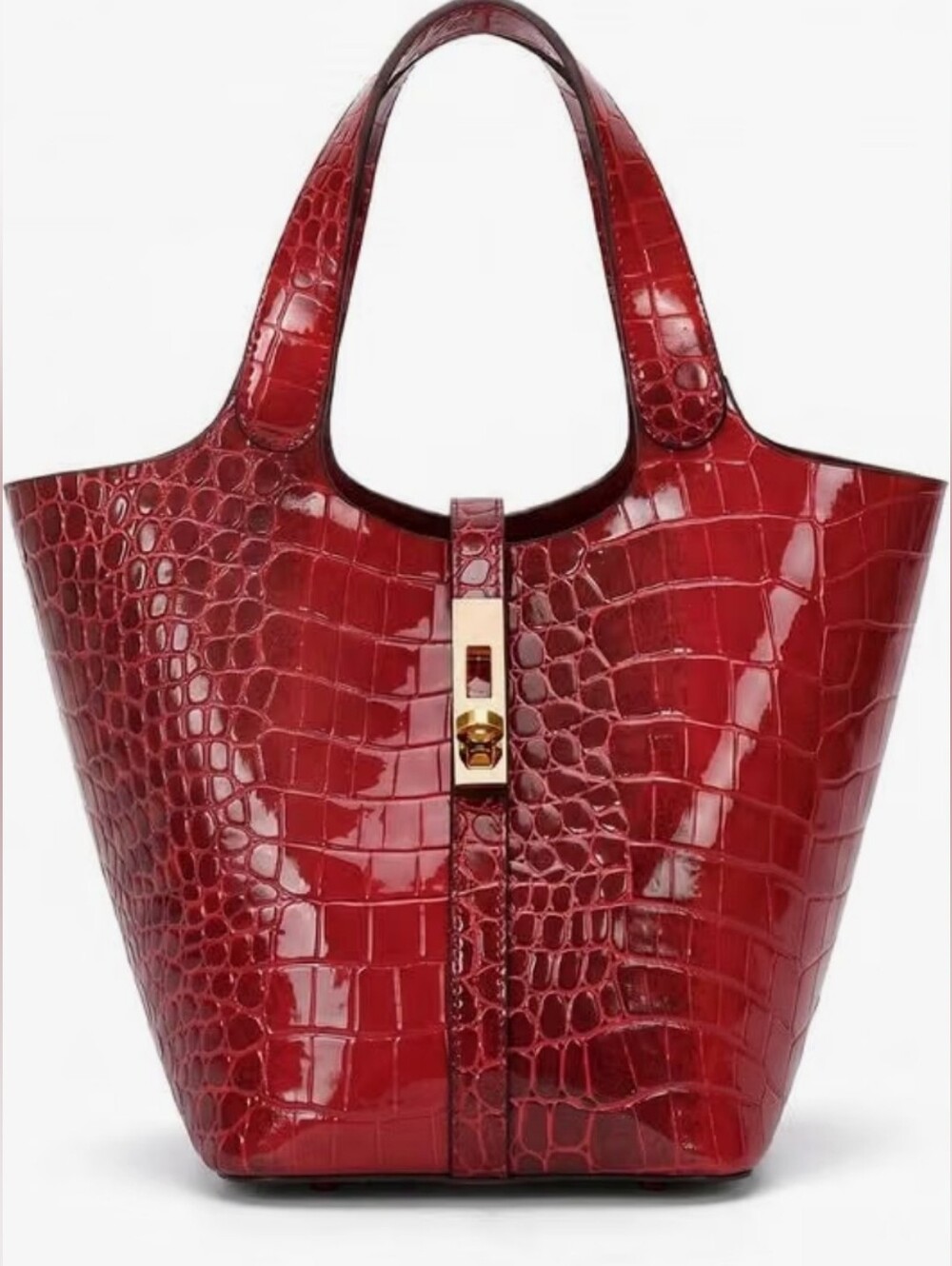 1 Left! Red Croc-Embossed Patent Vegan Leather Bucket Top Handle Tote Handbag